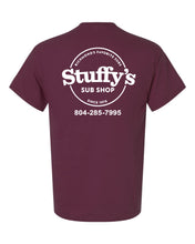 Load image into Gallery viewer, Stuffy&#39;s T-Shirt White On Maroon
