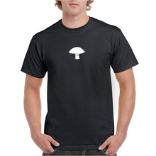 Load image into Gallery viewer, Rudy&#39;s Exotic Mushrooms Madhatter T-Shirt White on Black
